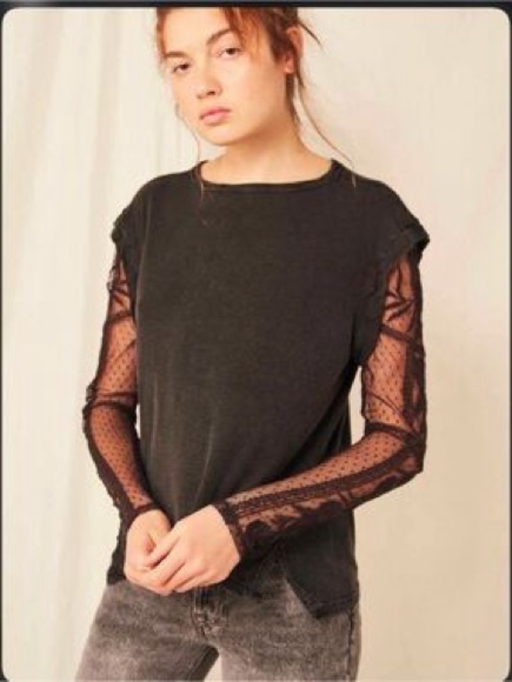 Free People Mineral Wash Black Sheer Lace Long Sleeve Top Tee Drop Shoulder XS